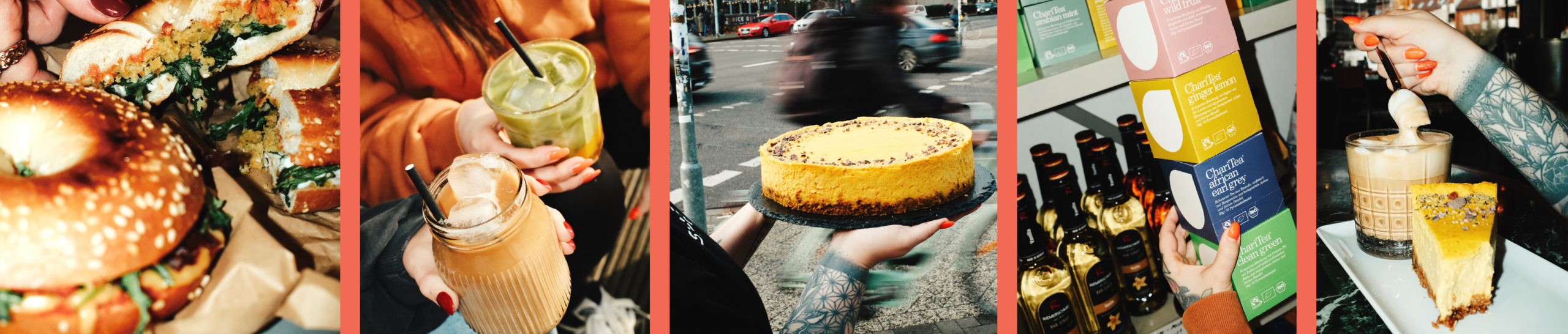 Tee, Kaffee, Cheesecake, Kuchen, Bagel, Tomate-Mozzarella, Charitea, Cappucchino, Iced Matcha Latte