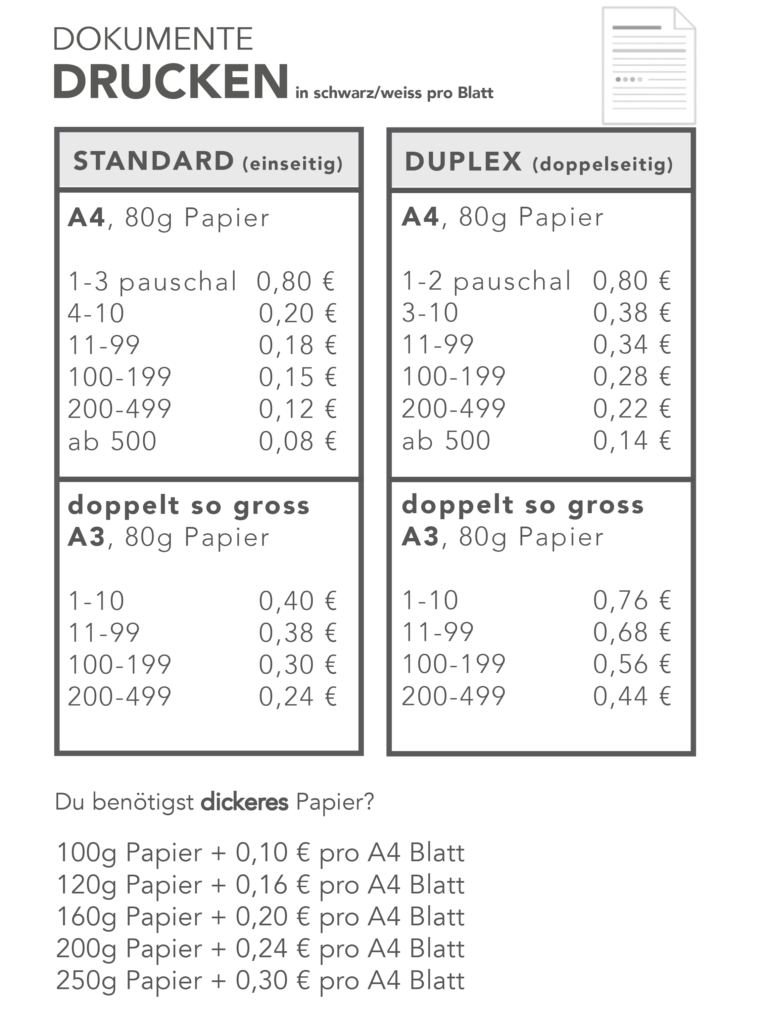 Preisübersicht für Audrucke im Copyshop in schwarz-weiss