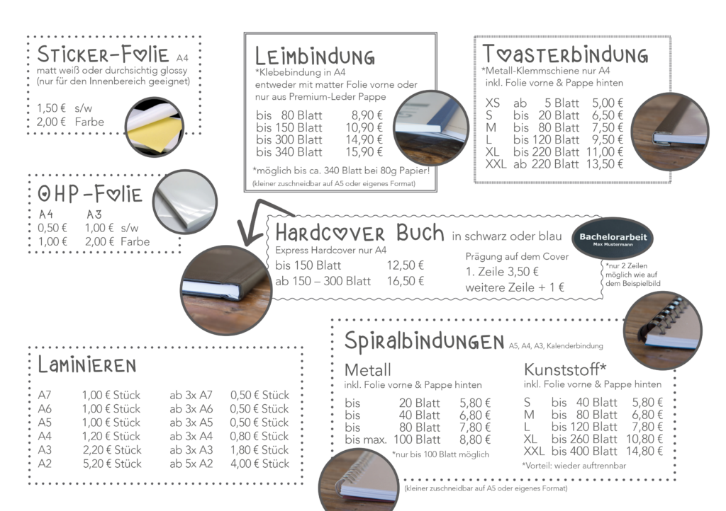 Preise, Copshop, Oldenburg, Bindungen, Copyshop Oldenburg, Bachelorarbeit, Abschlussarbeit, Hardcover Bindung, Spiralbindung, Laminieren